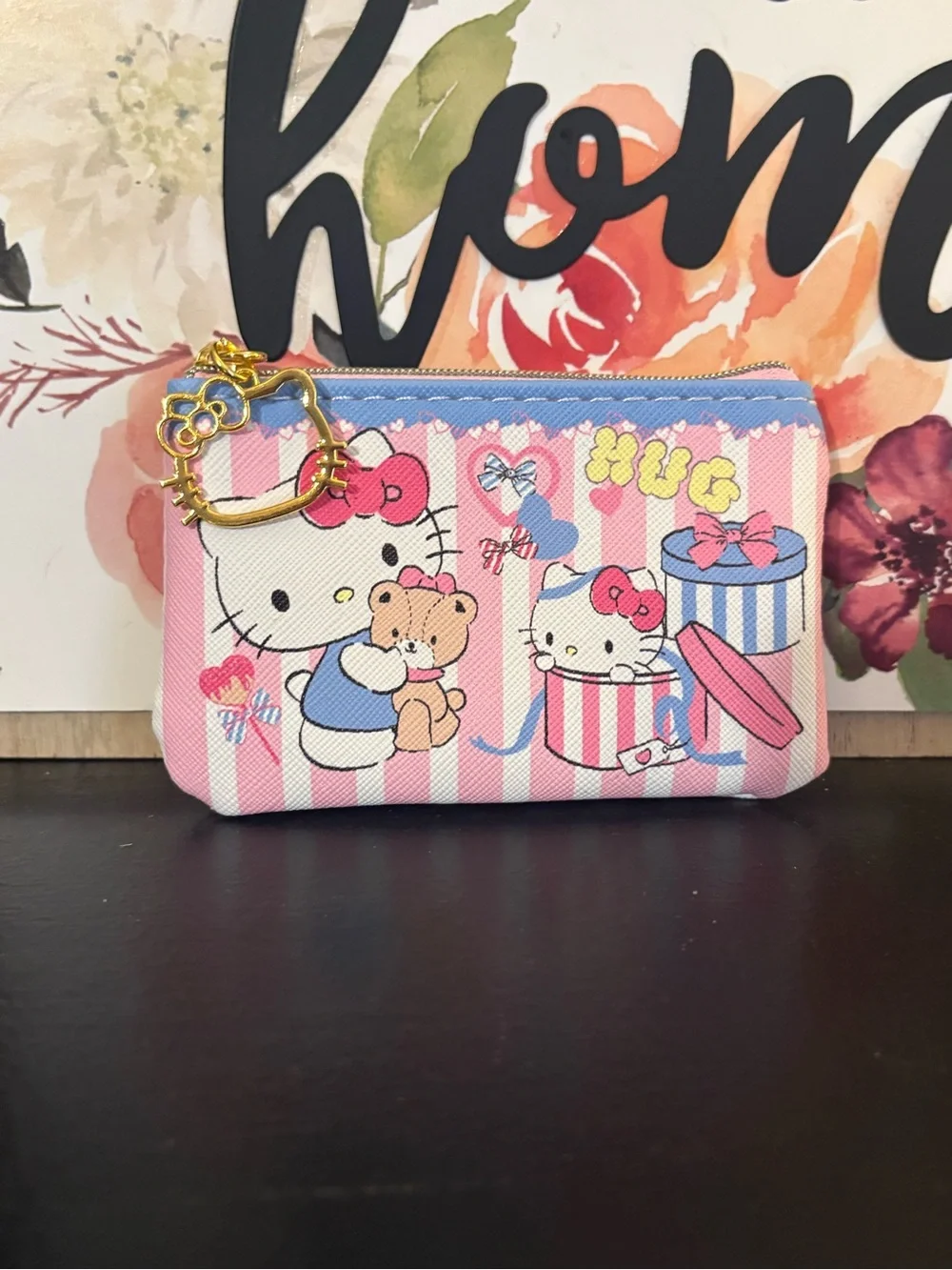 Hello Kitty Pink and Blue Striped Kids Coin Purse with Gold Charm
